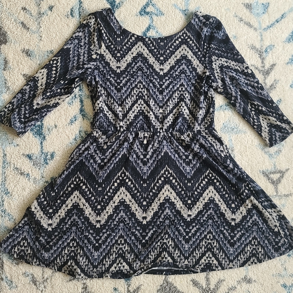 Lily Rose Chevron Hatchi Skater mini Dress, Neutral Blue, Black, Grey, XL